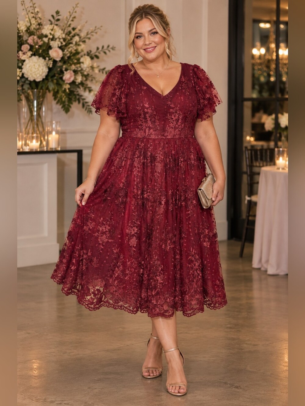JessaKae Burgundy Lace Midi Dress with Flutter Sleeves